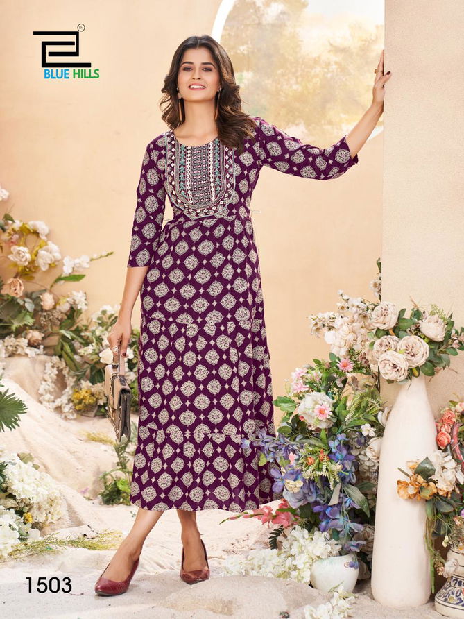 Sarfaraz Vol 15 By Blue Hills Rayon Printed Long Kurtis Wholesalers In Delhi
